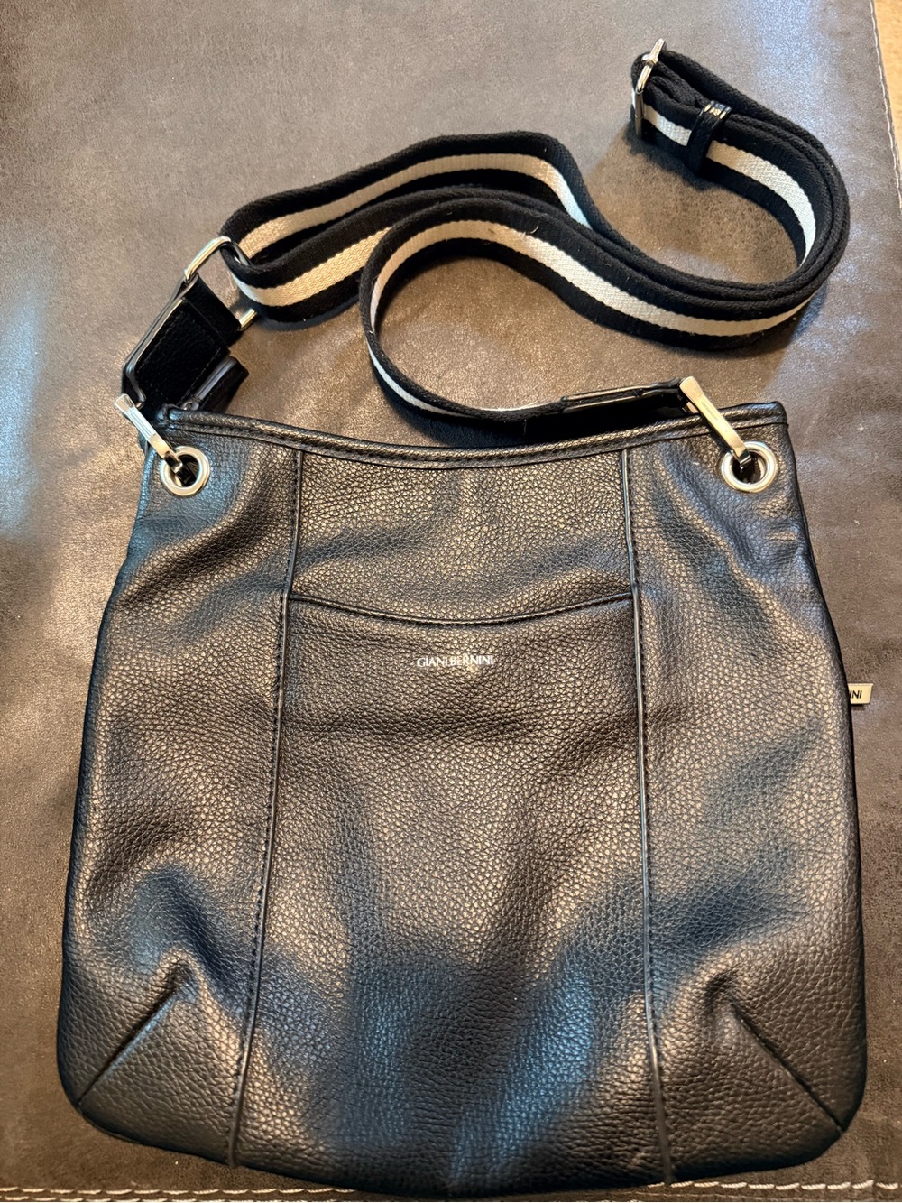 Giani Bernini Black Pebbled Leather Crossbody with Black & Cream Stripe Strap